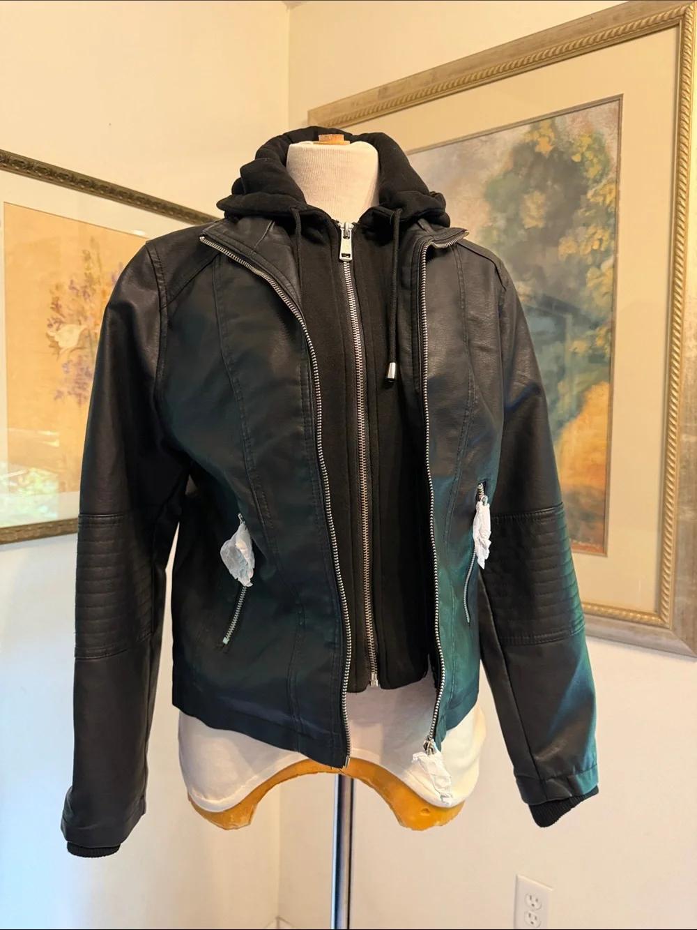 NWT Novish Collection Black Faux Leather Zip Jacket with Hoodie Layer Size MP